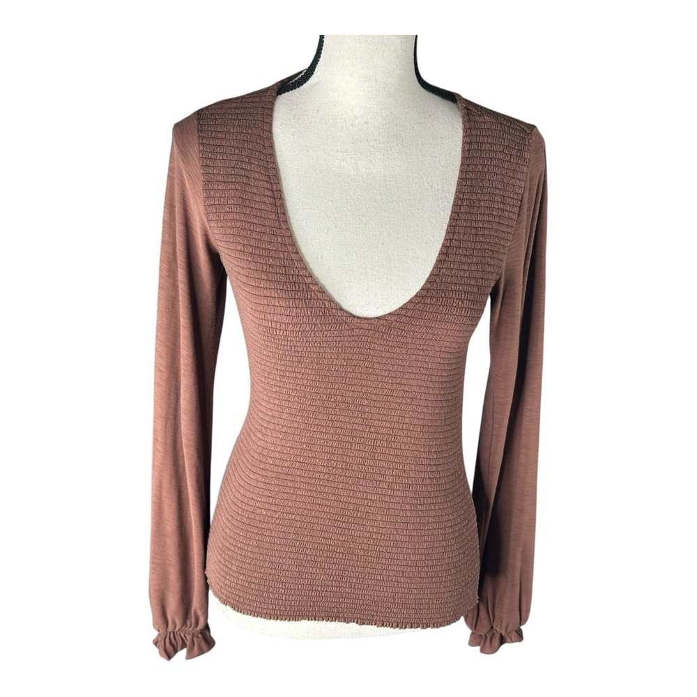 Nation LTD Shirt Womens Small Brick Pima Cotton Smocked Puff Sleeve‎ Crewneck